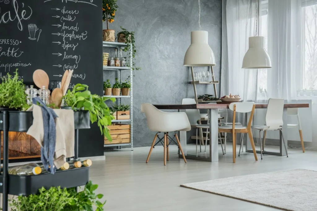 Cafeteria con mesa moderna industrial
